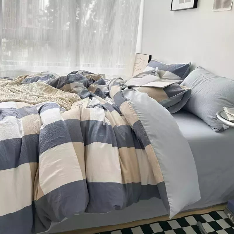 Conjunto de roupa de cama de algodão lavado, listrado, grade, lençol minimalista, consolador, capa de edredão rainha, duplo para meninos e meninas