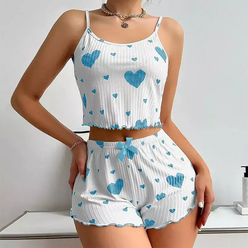 Ice Silk Suspender Pijama Conjunto com decoração em forma de coração impresso para senhoras, verão 2 peças
