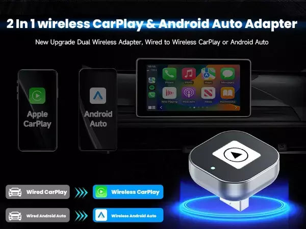 Adaptador carplay 2 em 1 com fio para sem fio, plugue e plugue, conexão automática, converte para carros com fio, compatível com iphone e android-preto