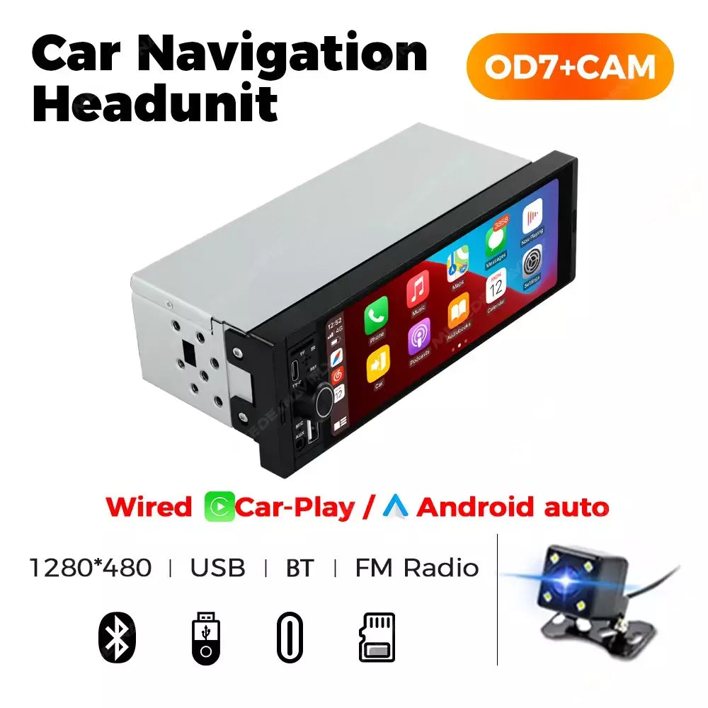 Navifly od8 6.86 "1280*480 1 din mp5 player rádio do carro sem fio carplay android auto multimídia player 1din fm rádio estéreo automático
