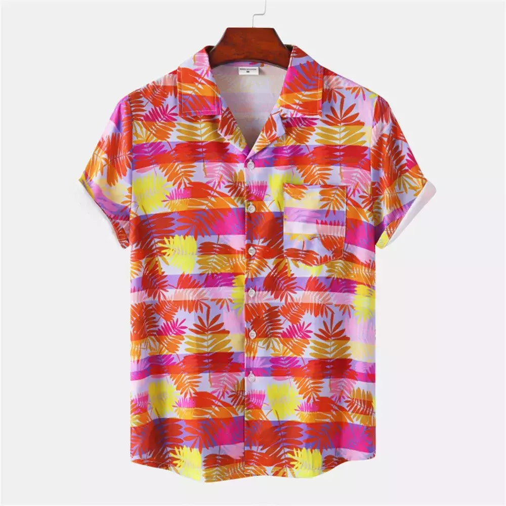 Camisa de praia de manga curta masculina, tops florais soltos, roupa de secagem rápida, estampa havaiana flamingo, férias à beira-mar