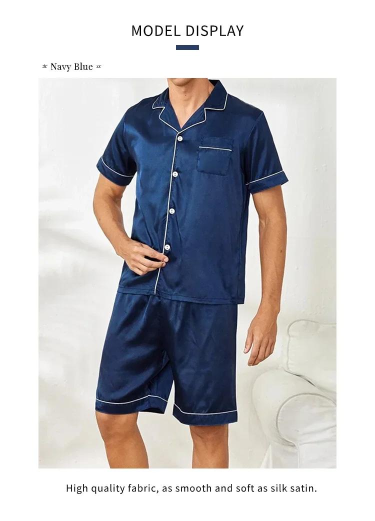 Pijama de cardigã de seda gelada masculino de manga curta, cardigã simples, roupa doméstica pura colorida, tamanho grande, pijamas de duas peças, senior sense
