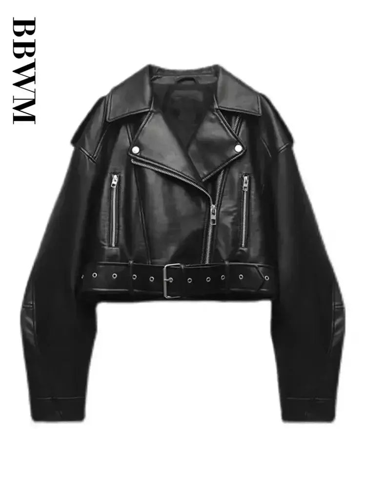 TRAF-Jaqueta curta de couro sintético feminina com cinto, casaco vintage extragrande, streetwear solto, zíper feminino, outwear retrô Moto Biker