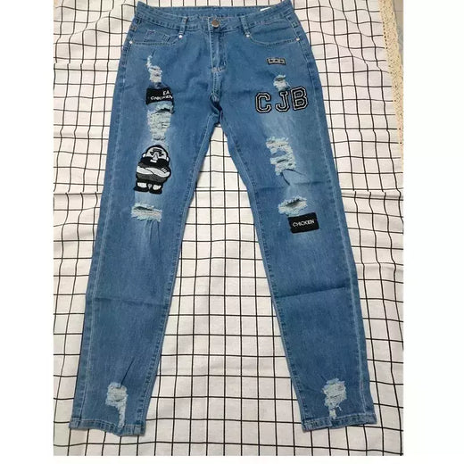 Calças jeans skinny rasgadas elásticas masculinas, bordado branco, algodão, hip hop, buraco negro, slim fit, calças jeans grandes, alta qualidade