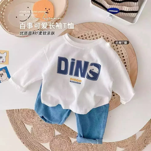 Camiseta infantil de manga comprida, algodão puro, camisa base, desenho animado estampado, primavera e outono, bebê, meninos e meninas