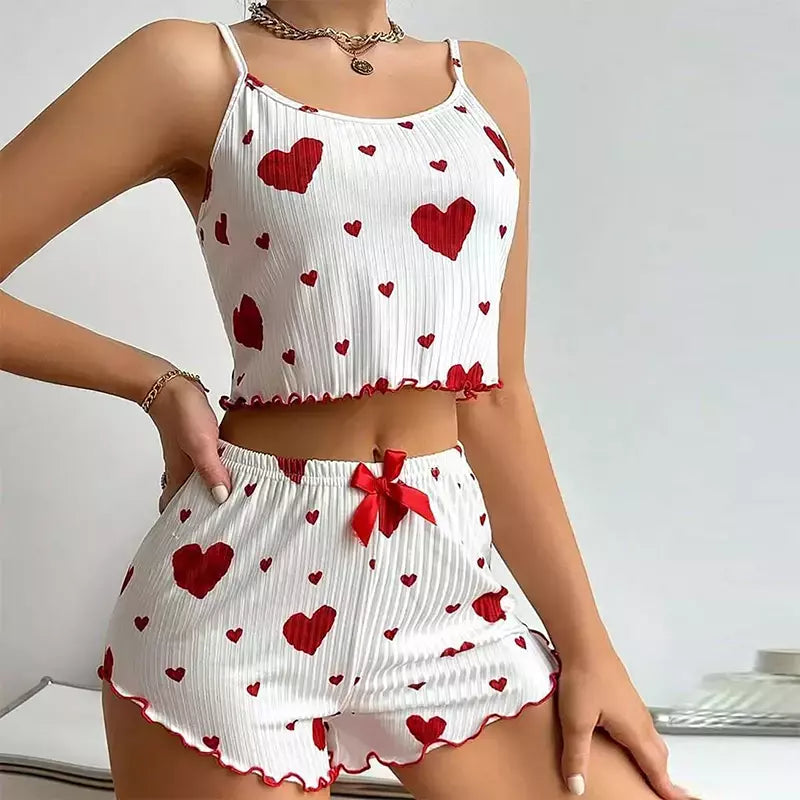 Ice Silk Suspender Pijama Conjunto com decoração em forma de coração impresso para senhoras, verão 2 peças