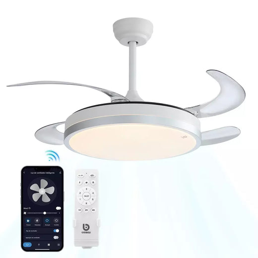 Ventilador de Teto Inteligente com Luz Invisível 3CCT e Controle Remoto - Design Dobrável, 3 Velocidades, Timer e App Tuya