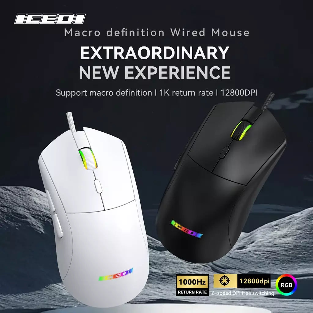 Mouse para jogos com fio ICEDI GM501, 12800 DPI, taxa de pesquisa de 1000 Hz, 6 efeitos RGB, design ergonômico para controle de precisão