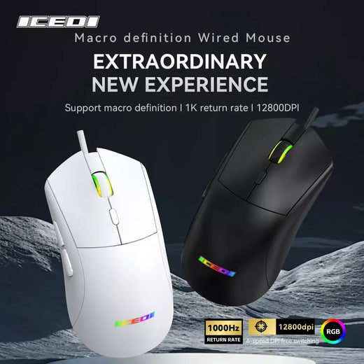 Mouse para jogos com fio ICEDI GM501, 12800 DPI, taxa de pesquisa de 1000 Hz, 6 efeitos RGB, design ergonômico para controle de precisão