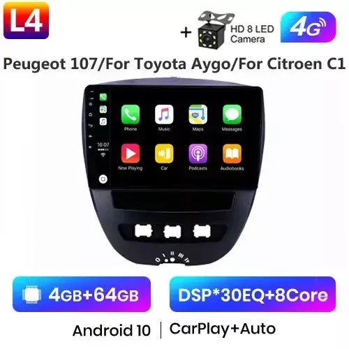 Android 10 2 din reprodutor multimídia do carro para peugeot 107 toyota aygo citroen c1 2005-2014 unidade principal estéreo navegação gps bt wifi