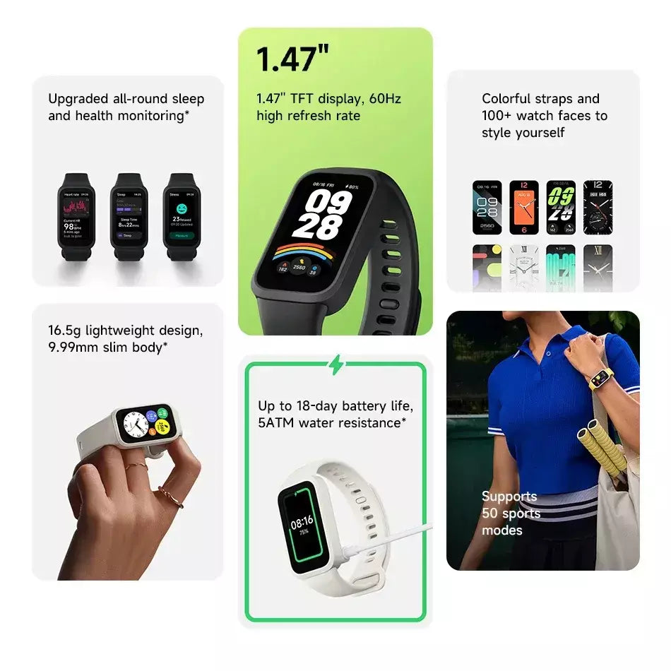 Versão global xiaomi mi band 9 ativo 8 dias de vida útil da bateria pulseira 1.47 ''tela 60hz 50 modos esportivos mi fitness banda inteligente
