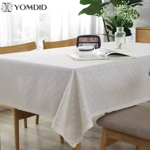 Daisy Flower Pattern Tablecloth, Linho e algodão Lace Edge, Toalha de mesa retangular, Casa e Hotel Textile, Venda quente