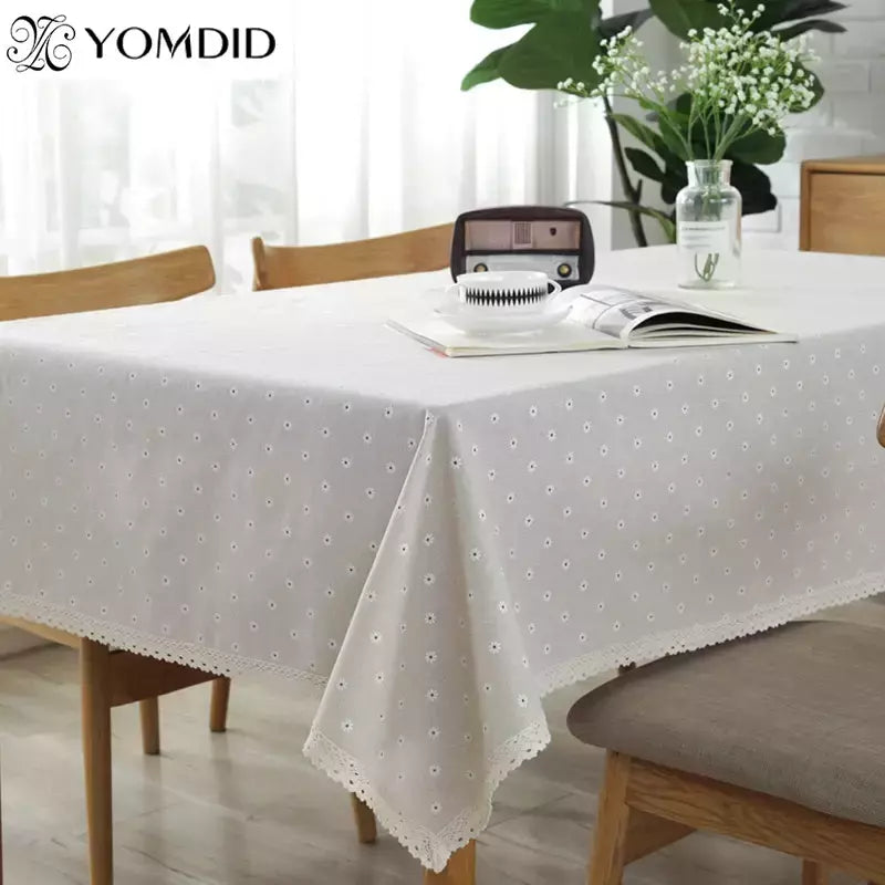 Daisy Flower Pattern Tablecloth, Linho e algodão Lace Edge, Toalha de mesa retangular, Casa e Hotel Textile, Venda quente