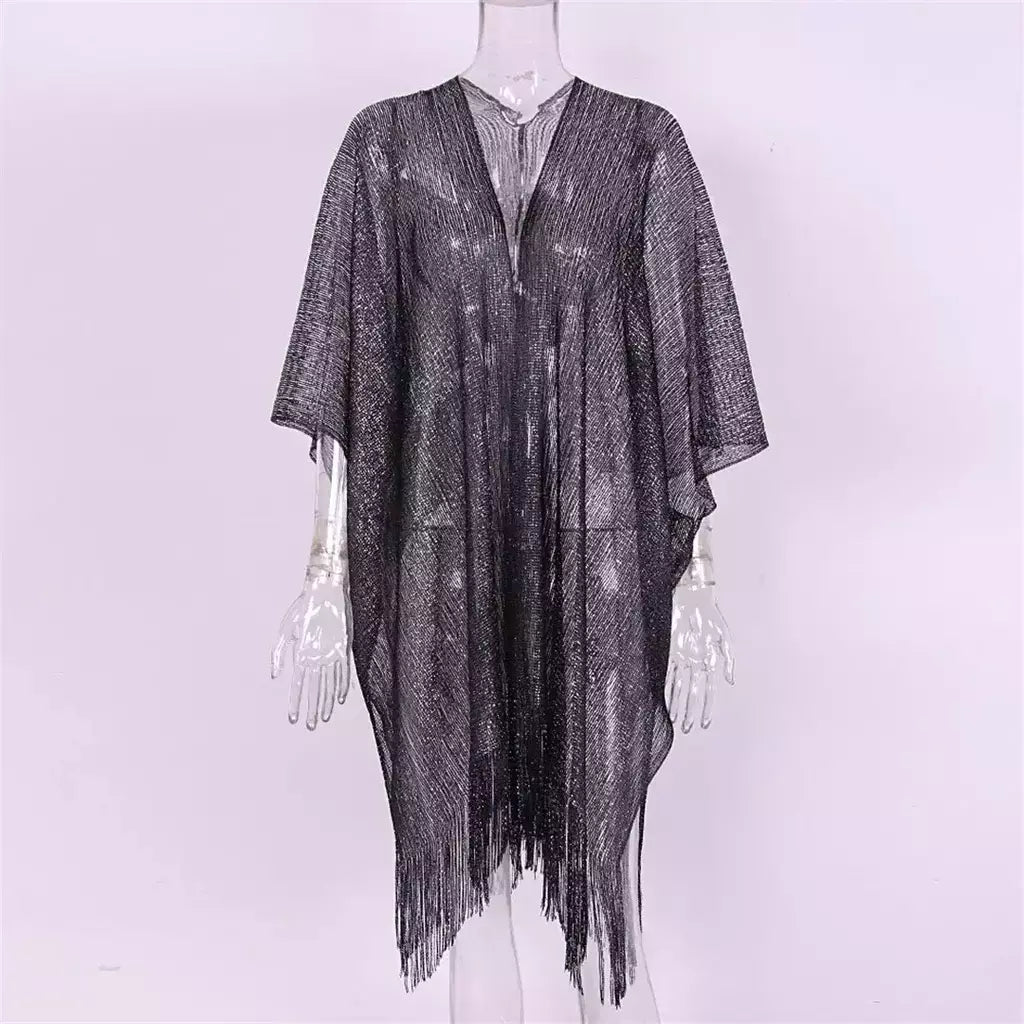 Moda borla ouro bikini cobrir sexy vestido de praia túnicas para mulheres beachwear verão cover-ups kaftan vestido de noite xales