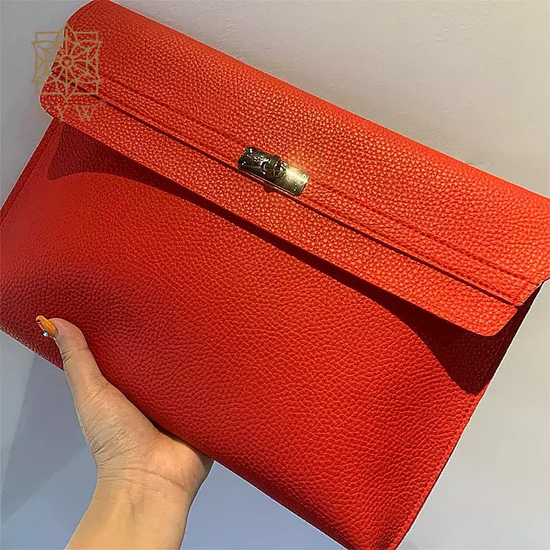 Envelope de couro PU para mulheres, embreagem vermelha, bolsa feminina, padrão de lichia, bolsas de mão simples, vermelho