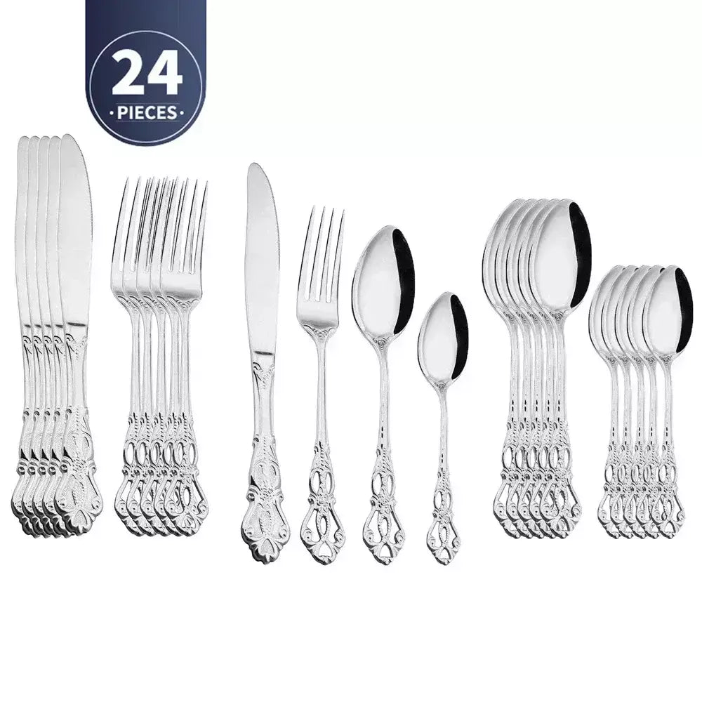 Conjunto de talheres de aço inoxidável dourado, colher europeia real, garfo, talheres completos, design retrô, seguro para máquina de lavar louça, talheres elegantes
