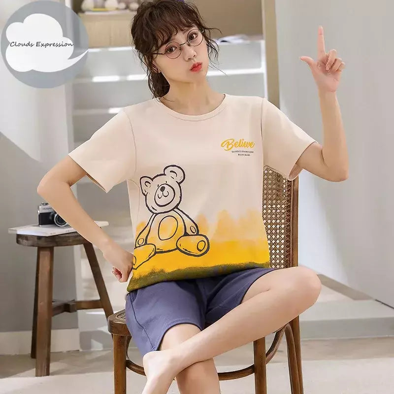 Desenhos animados pato impressão pijama conjuntos para jovens amantes, pijamas de algodão, ternos curtos para casais, moda homewear, verão, 4XL