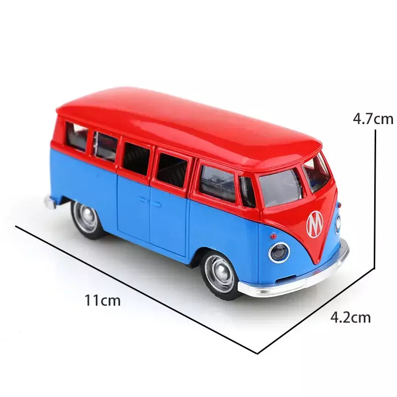 (Ensacado) 1:20 Ônibus clássico T1, carro modelo de liga, veículo simulado, carro de liga infantil, modelo de brinquedo de menino, enfeites de carro