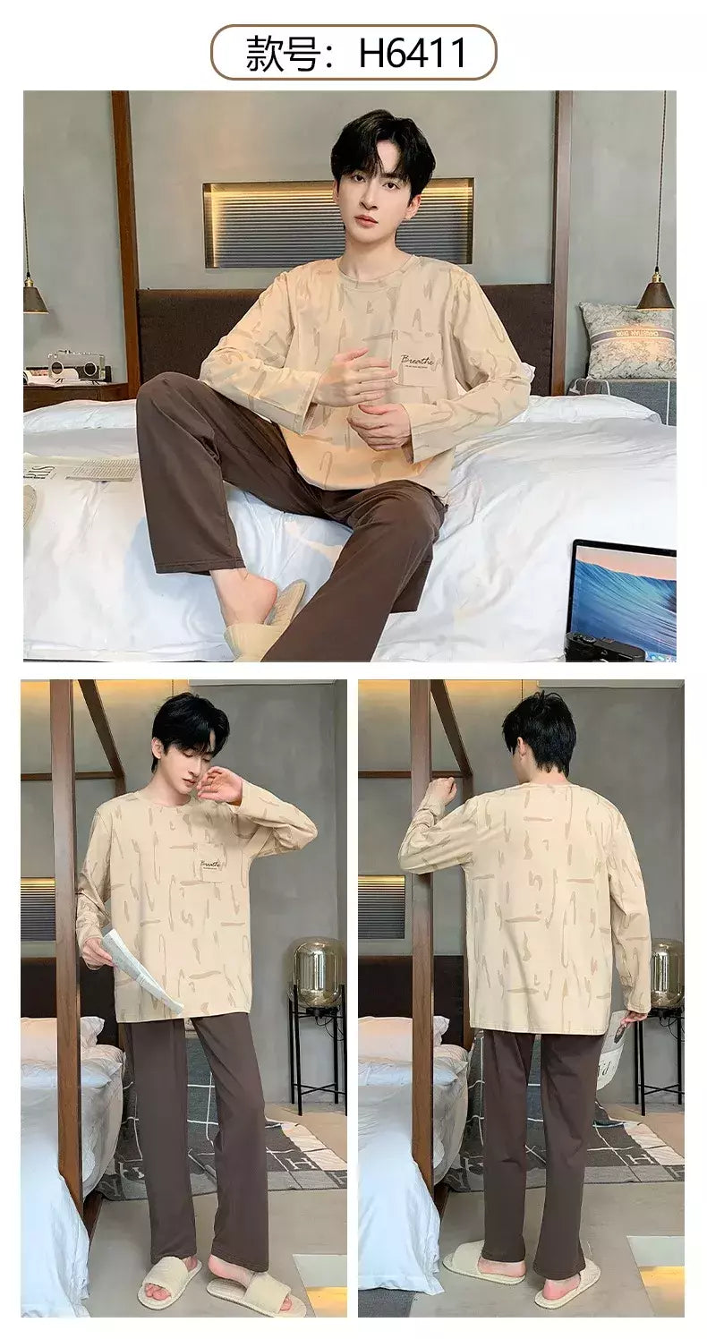 Pijama de algodão de duas peças masculino, calça de manga comprida, traje caseiro, estudante e adolescente, novo outono