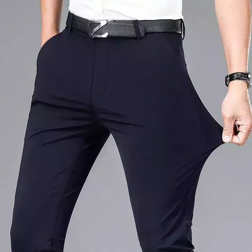Calça fina de seda láctea elástica de quatro lados masculina, casual para escritório, nova, verão