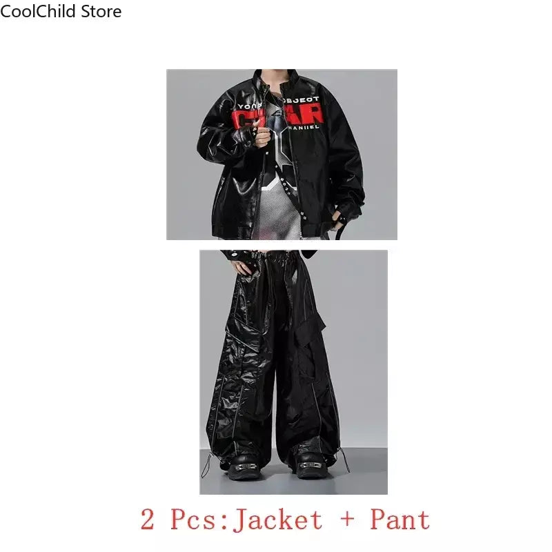Meninos hio hop letras jaqueta de couro dança de rua calças de carga soltas meninas k-pop streetwear crianças conjunto de roupas jazz traje