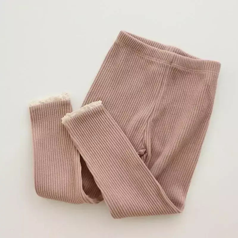 Outono novo bebê com nervuras rendas leggings menina da criança casual calças de algodão menino infantil sólido kintted calças criança calças de fundo