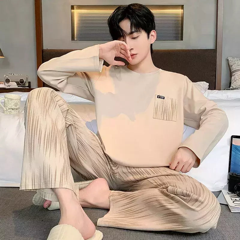 Pijama de algodão de duas peças masculino, calça de manga comprida, traje caseiro, estudante e adolescente, novo outono