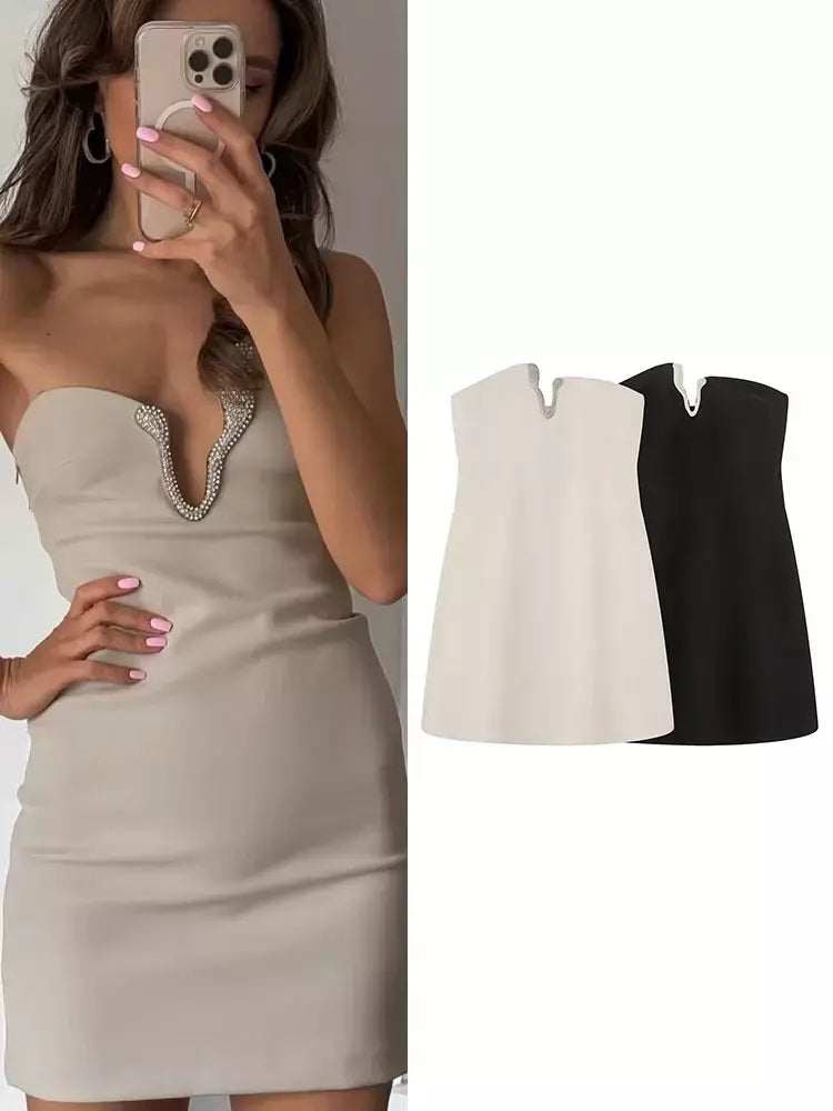 Tfmln moda feminina mini vestido sem alças verão 2025 novo chique diamante com decote em v sexy fora do ombro vestidos curtos elegante vintage ?