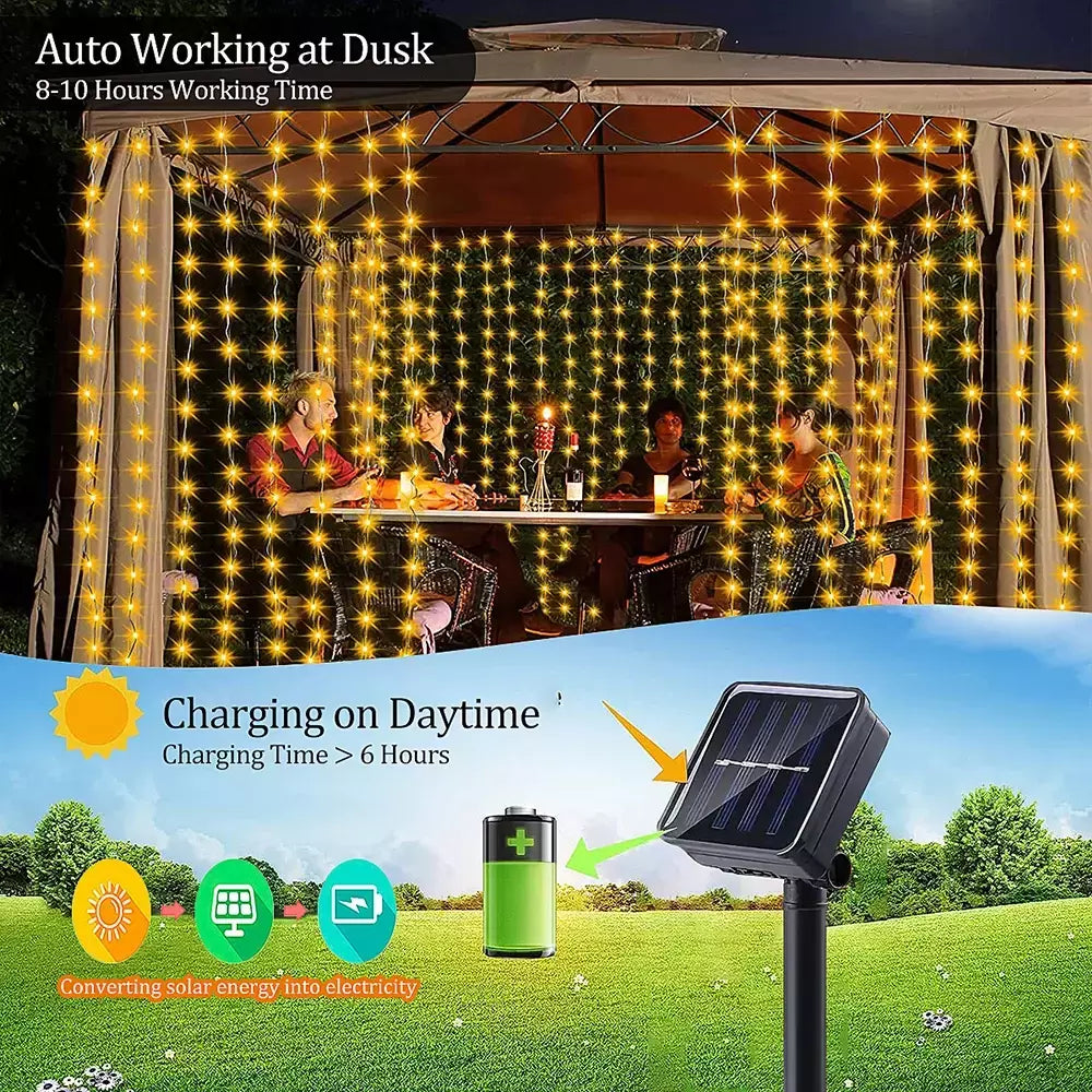 Outdoor Solar Curtain String Light, Waterfall Garland, Fairy Lights, Jardim, Halloween, Decoração de Natal, Iluminação do feriado, 300LEDs