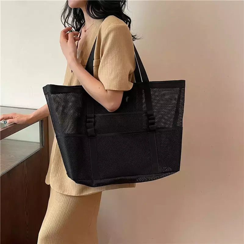 Bolsa de praia de malha portátil para mulheres, maquiagem, bolsa de lavagem, organizador de banho, Shopper Totes, verão