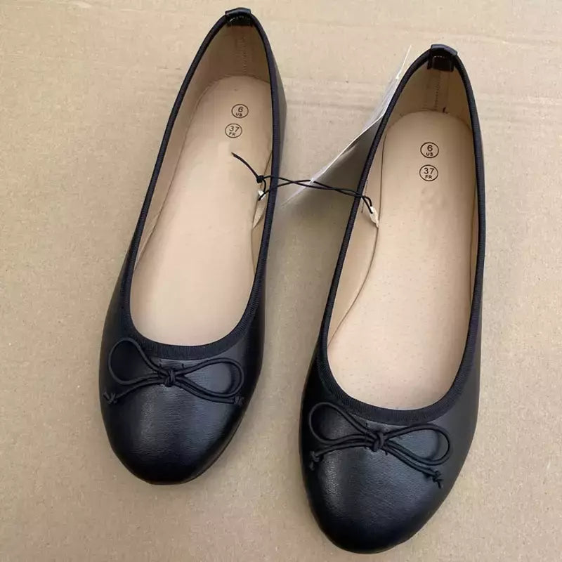 Ballet bowknot para senhoras, sapato de mulas de couro, dedo do pé redondo, mocassins confortáveis, clássicos e elegantes, moda primavera, 2024