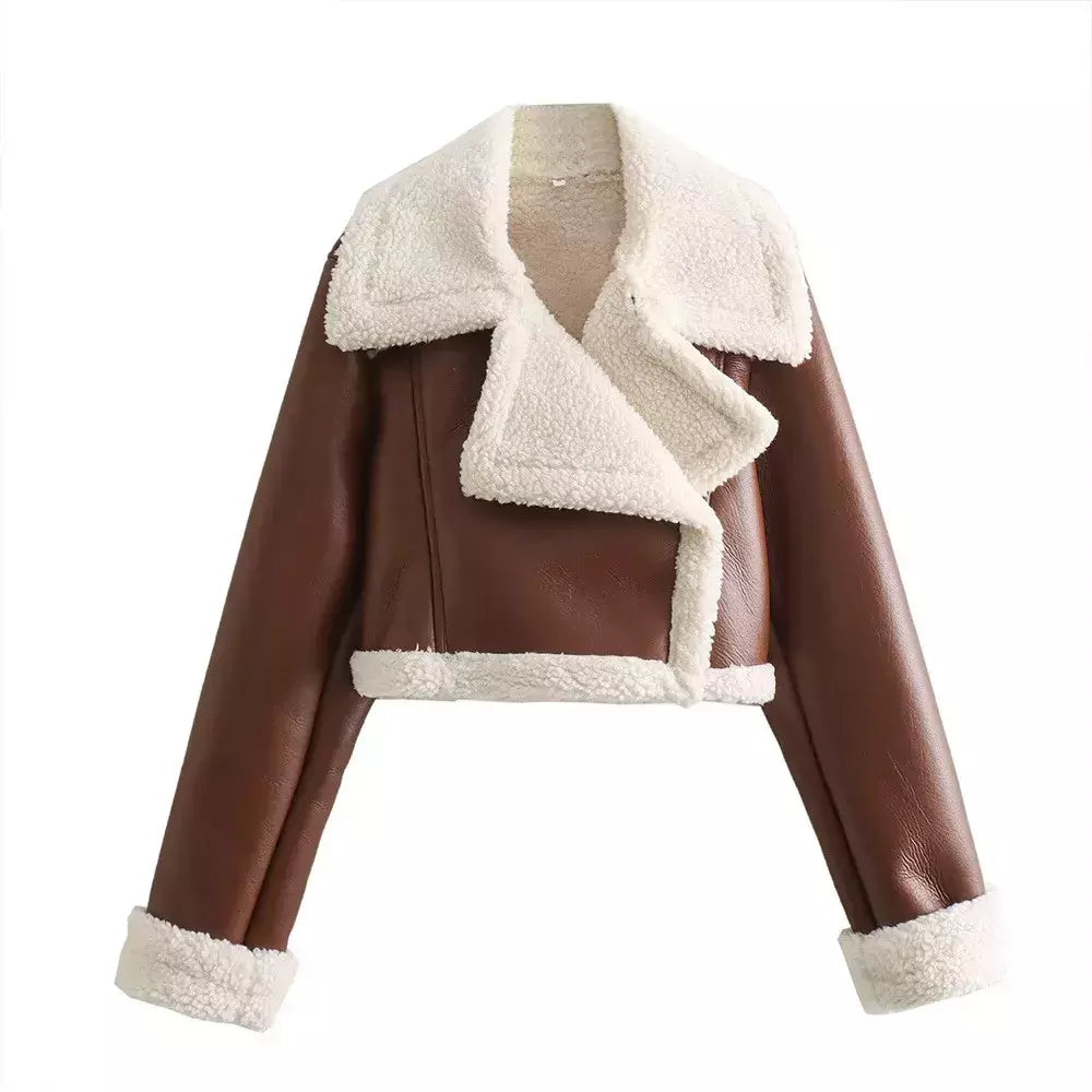 Jaqueta de shearling falso feminina, casaco de pele de carneiro, jaquetas retrô motociclista, tops, inverno
