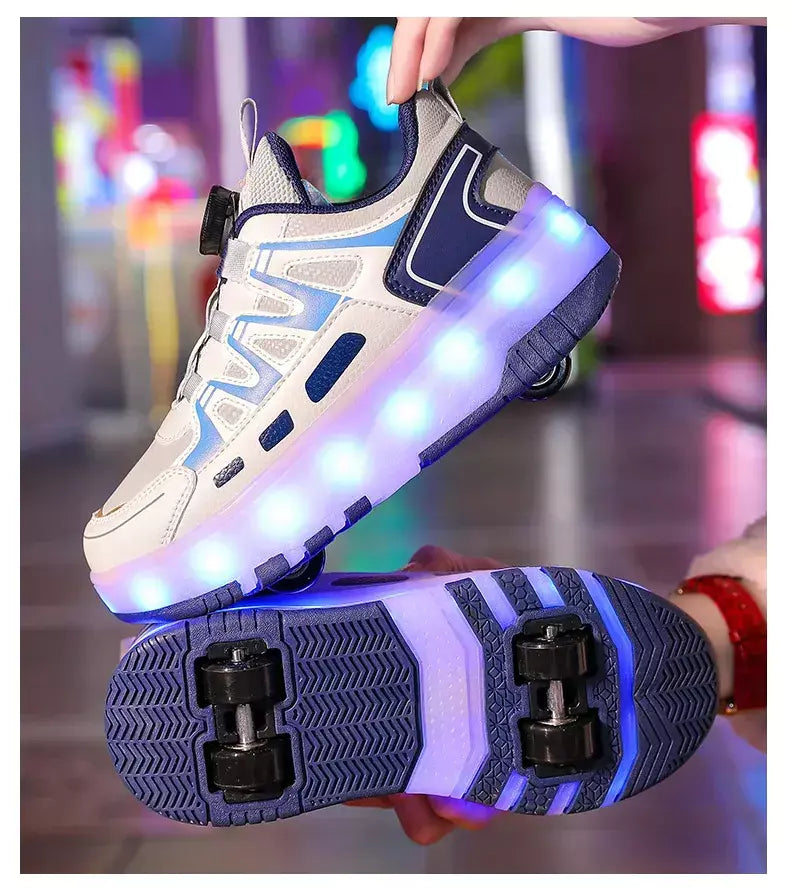 Crianças quatro rodas luminosa brilhante tênis preto rosa led luz rolo sapatos de skate crianças sapatos led meninos meninas carregamento usb
