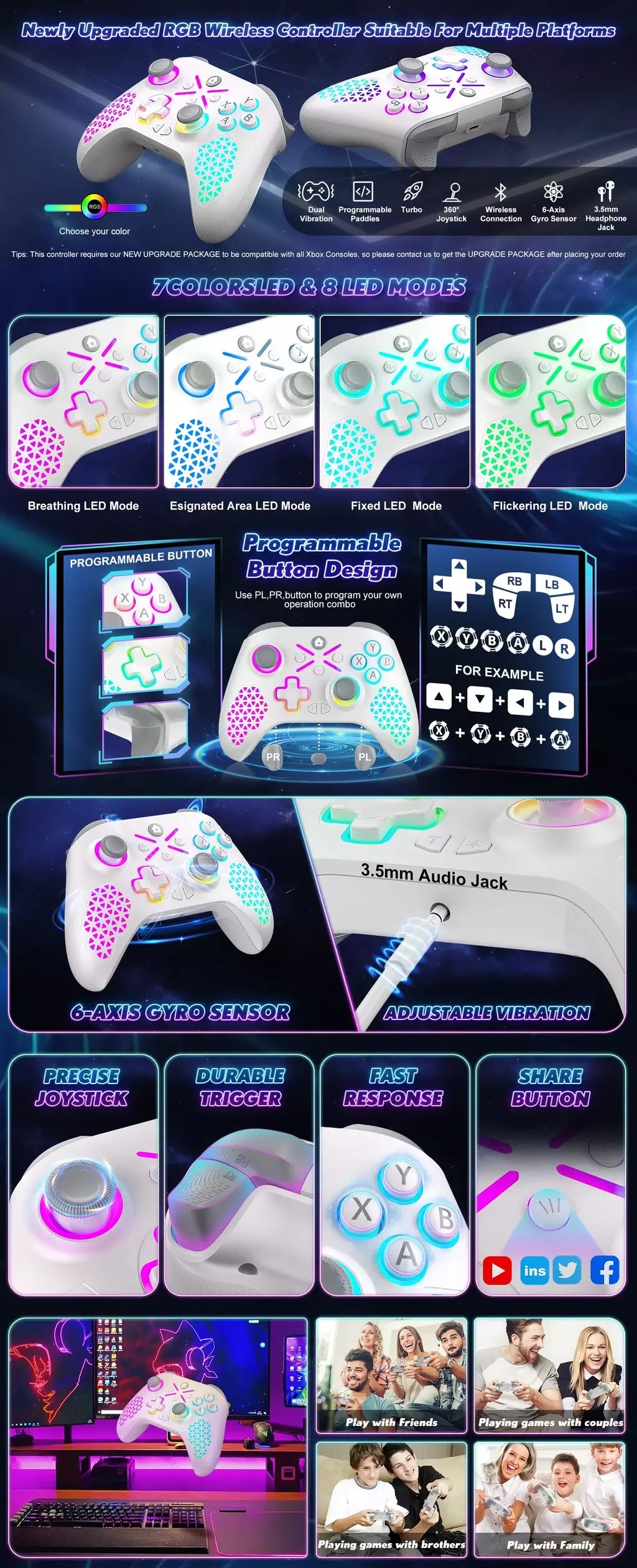 Controlador para xbox one s/x/série x/s/pc sem fio 2.4g gamepad 6 eixos vibração efeito hall vídeo game alça de controle remoto