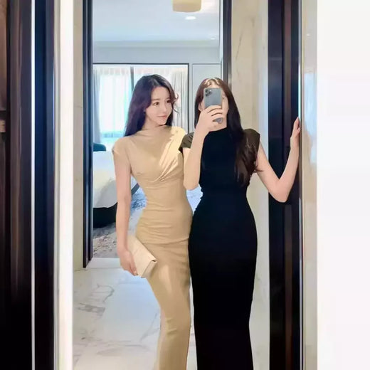 Verão novo sexy atrevido puro desejo estético fora do ombro vestido longo para as mulheres na moda fenda lateral hip cobrindo vestido