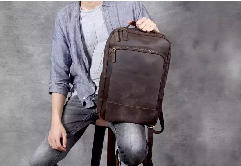 Mochila de couro genuíno para homens, cavalo louco vintage mochila para laptop grande mochila diária mochila de viagem mochila para caminhadas