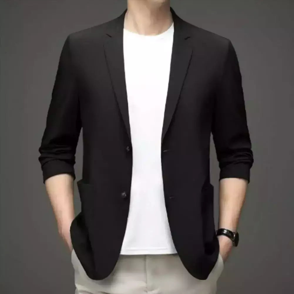 Blazers de negócios monocromáticos masculinos, blazers slim fit, botões duplos, lapela, mangas 3/4, terno de deslocamento, casaco do noivo