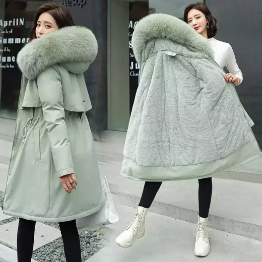 Parka longa e acolchoada feminina com forro de lã, jaqueta com capuz, gola de pele, quente, grossa, neve, roupas grandes, inverno