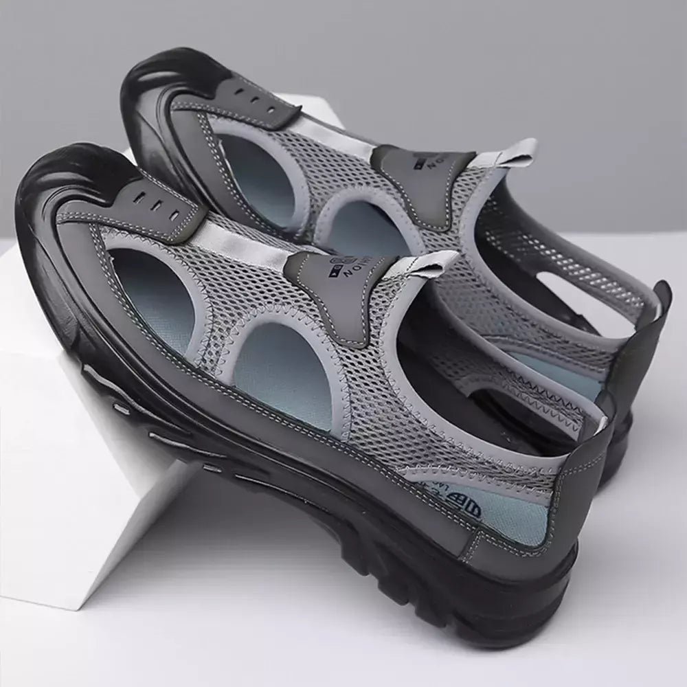 Sandálias Baotou respiráveis masculinas, sapatos de malha oca, leves, antiderrapantes, esportes casuais, ao ar livre, praia, verão