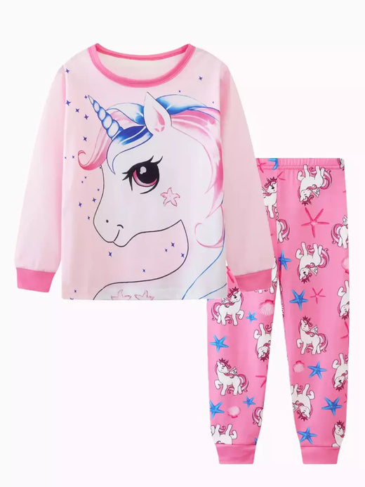 Unicórnio cartoon pijama para meninas, manga longa, duas peças set
