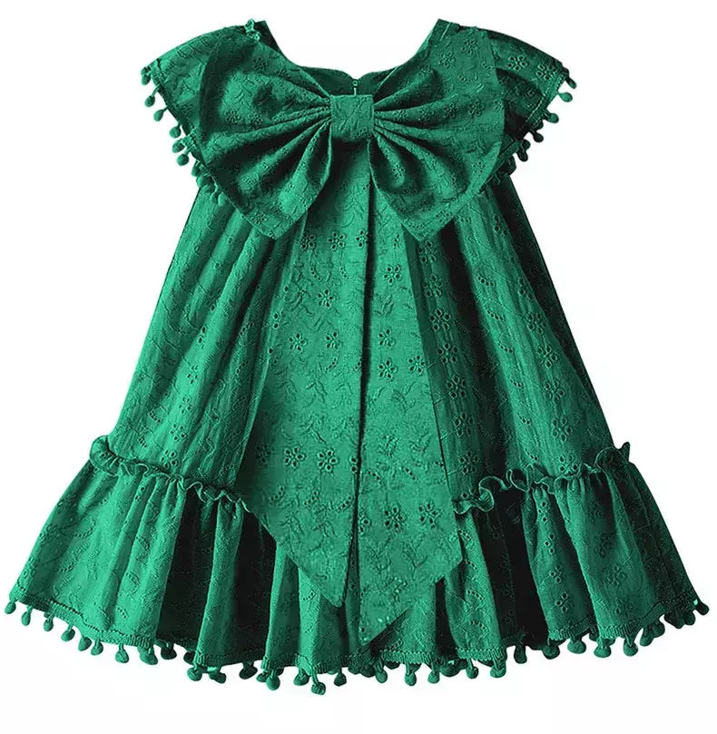 Vestido de manga pequena para criança, saia de bebê, fantasia de menina, algodão puro, borla, grande arco, festa de aniversário, 0-4 anos