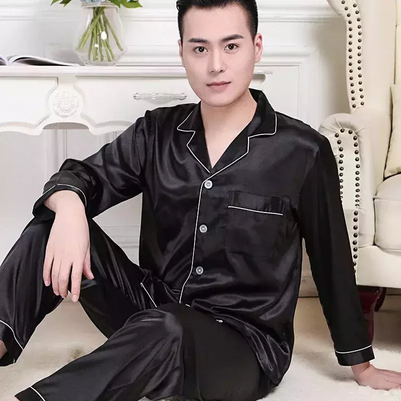 Conjuntos de pijama masculino de cetim de seda manga comprida, pijamas masculinos, camisola estampada, Casa, Soft Cozy Sleepwear Calças, Novo