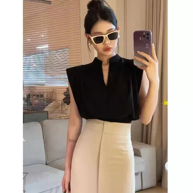 MEXZT-Blusas elegantes sem mangas com decote em v para mulheres, senhora do escritório, casual preto coreano, todos os jogos chiques, verão, branco, novo