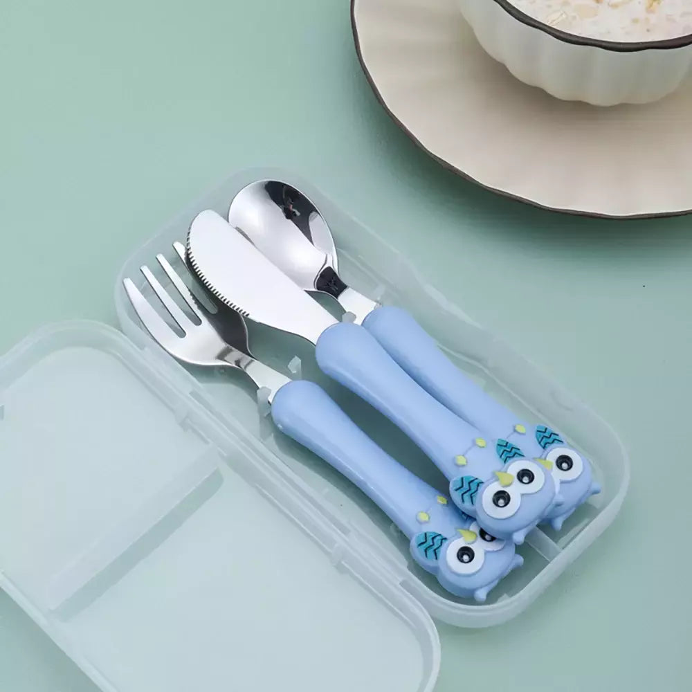 Talheres portáteis de aço inoxidável para crianças, Spoon Forks Box Utensílios de alimentação do bebê Conjunto de talheres para bebês, 3pcs