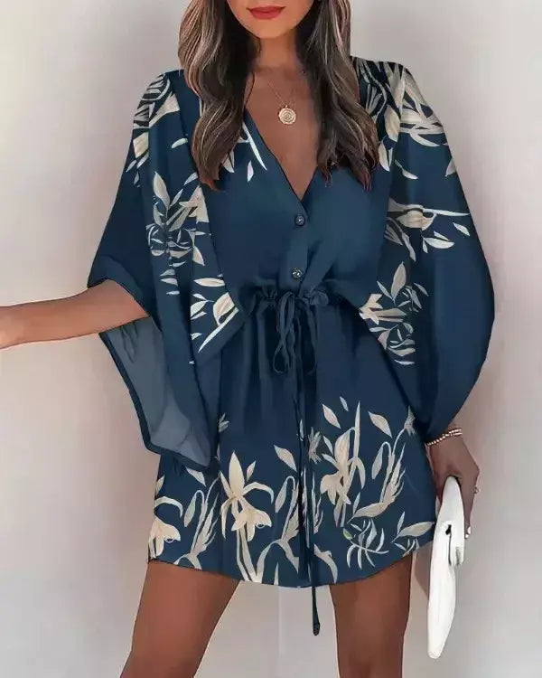Mini vestido solto com cordão feminino, manga de batwing, botão sexy, gola V, cobertura de festa, estampa moda praia, verão