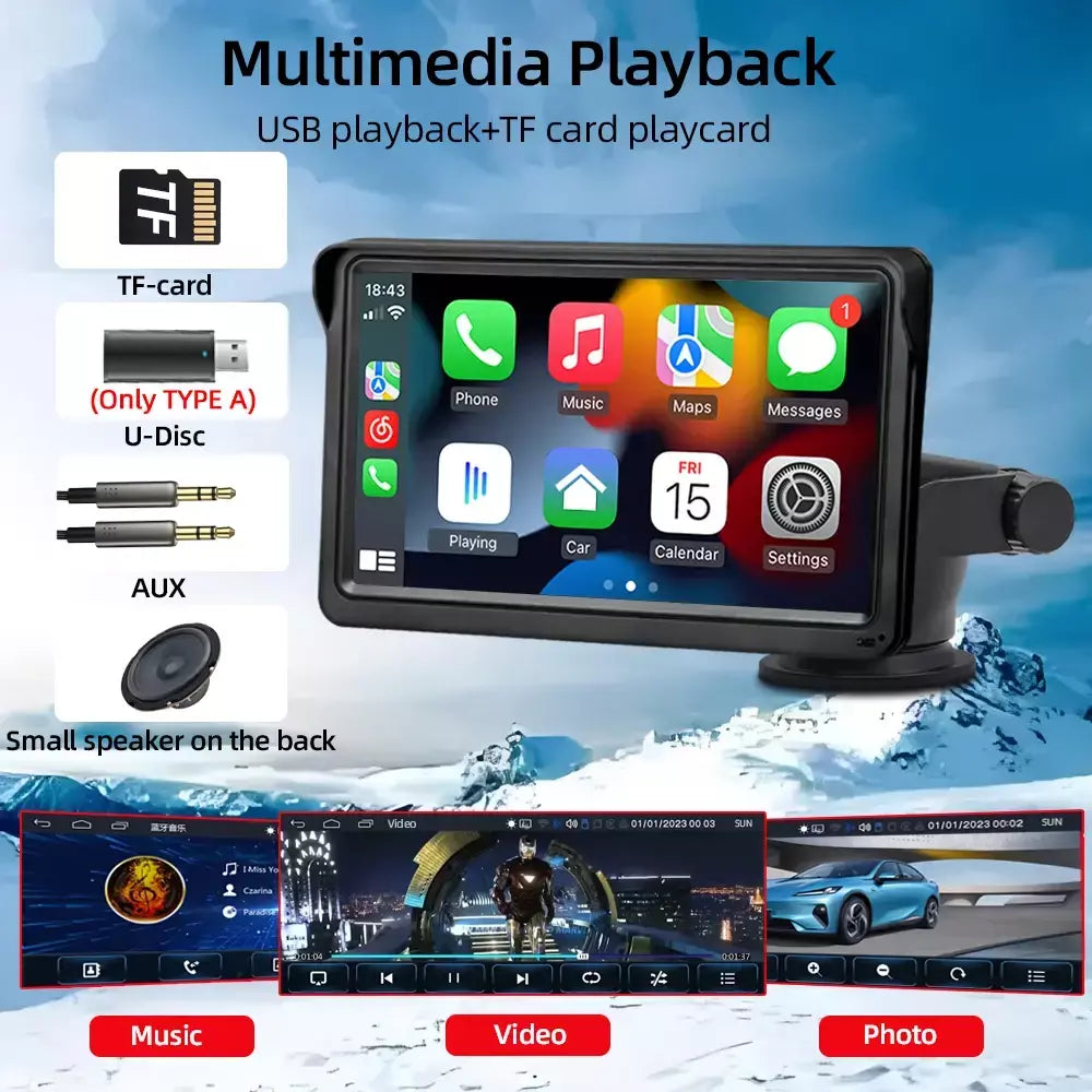 Hippbqcc carplay android auto rádio do carro reprodutor de vídeo multimídia tela toque portátil de 7 polegadas com aux para câmera de visão traseira