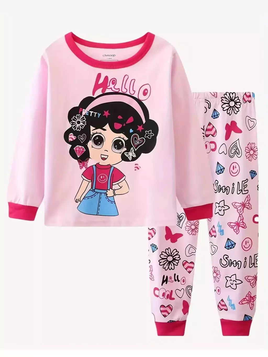 Desenhos animados unicórnio impressão algodão pijama conjuntos para meninas, gola casual, rosa, 2pcs