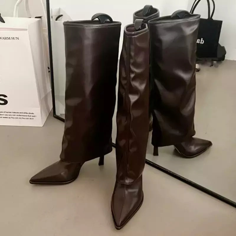 Botas ocidentais plissadas para mulheres, altura do joelho, dedo apontado, saltos femininos, longo, festa, moderno, senhoras, moda