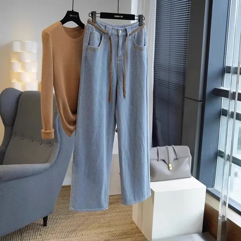 Jeans macio de perna larga feminino, cintura alta, ajuste solto, design emagrecedor, calça com fundo de sino, vintage, verão