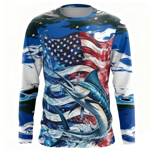 Bandeira americana crânio de pesca camiseta de manga comprida verão camisa de pesca pesca em torno do pescoço de manga comprida solta de secagem rápida pullove
